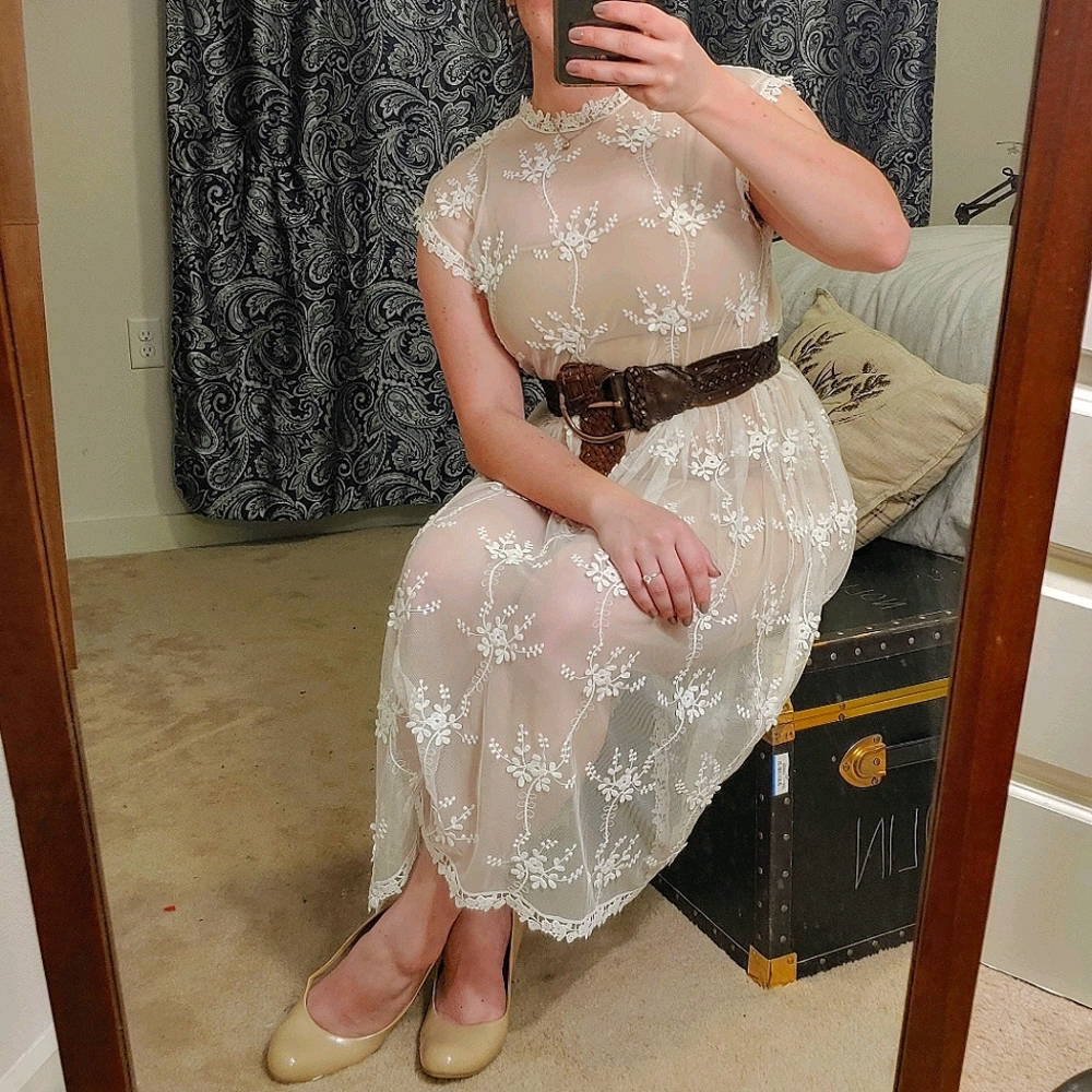 Boho Cottagecore Lace Floral Sheer Dress
